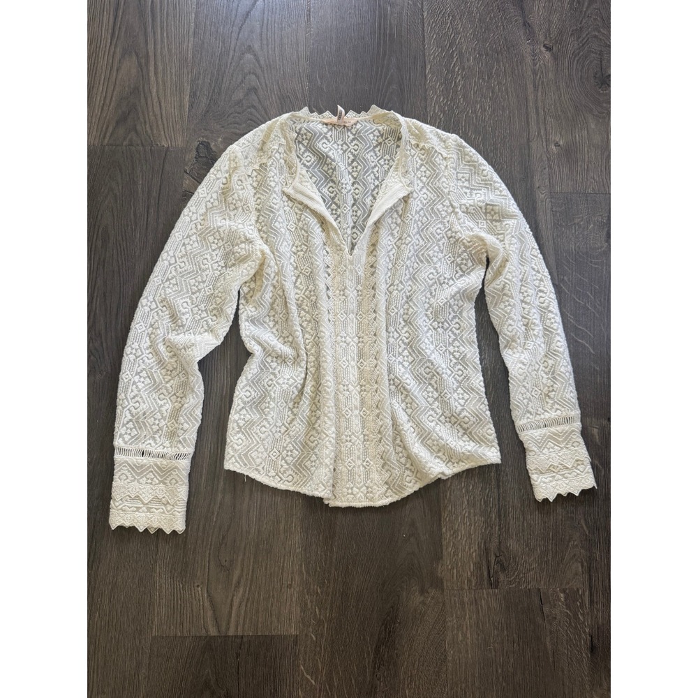 Rebecca Taylor Embroidered Lace Blouse Top 2 Cream Silk Cotton V-Neck Excellent